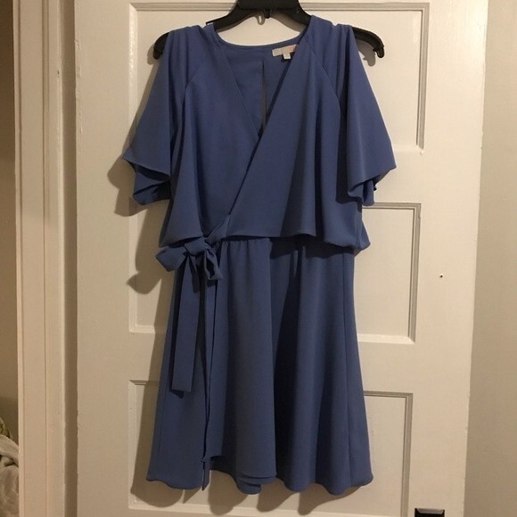Gianni Bini Iris Blue Grey Mini Wrap Dress with Cut Out Sleeves - Picture 10 of 14